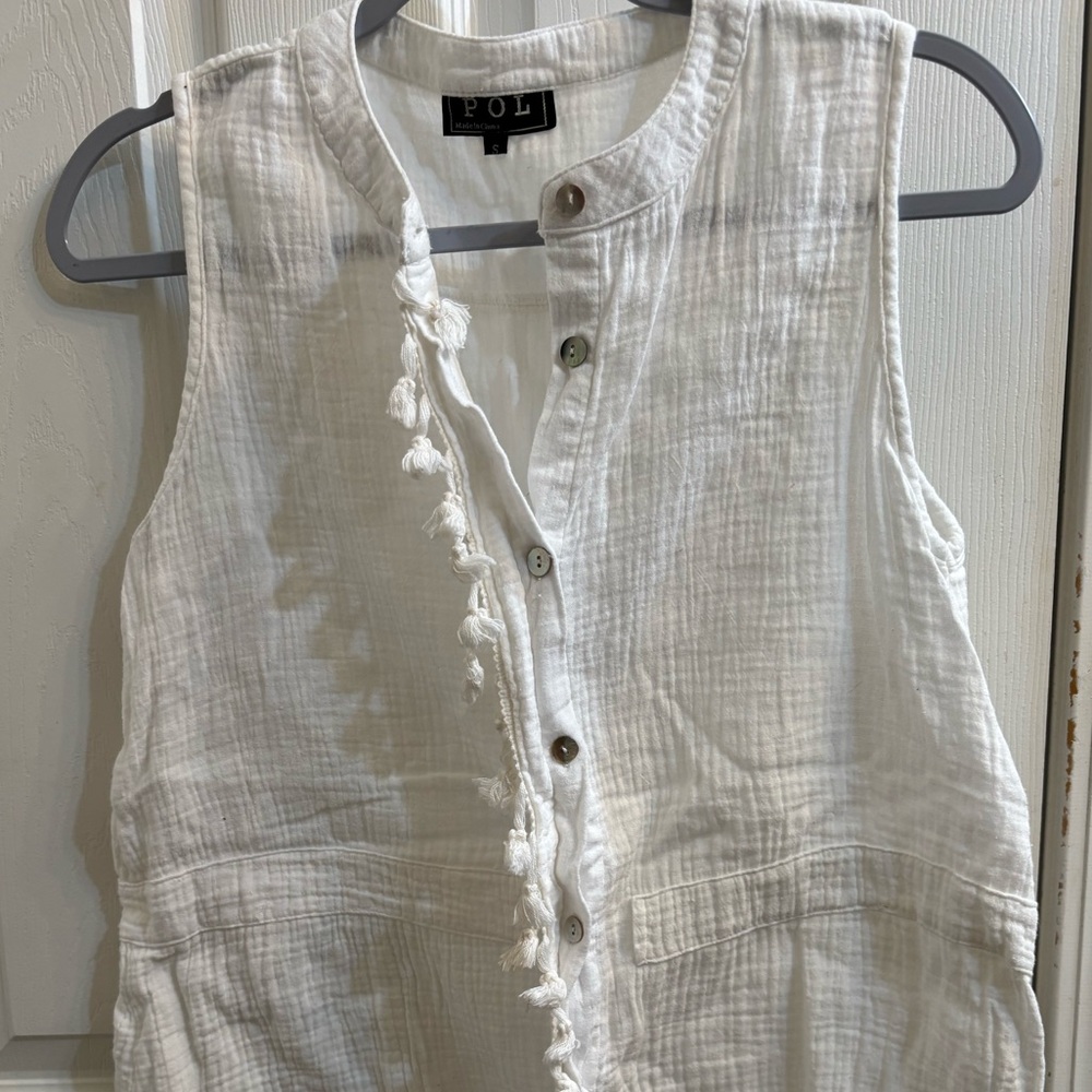 POL White Sleeveless Button-Up Top with Tassel Detail